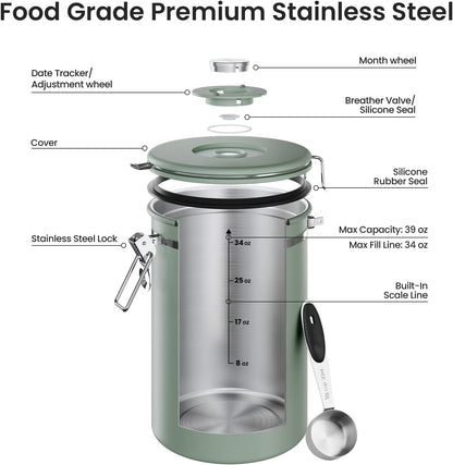 Veken Coffee Canister - 39oz Airtight Stainless Steel Storage for 2.2lbs Coffee, Sugar, Tea | Green with Date Tracker & Scoop