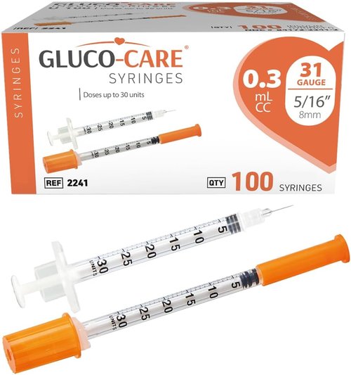 GLUCO-CARE 31G x 5/16’’ Syringes - 0.3 ml/cc with Orange Cap | Box of 100 Pieces