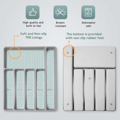 CherHome Silverware Organizer with Cutlery Icons,Silverware Tray for Kitchen Drawer,Plastic Flatware Tableware Silverware Drawer Organizer Utensil Organizer with Non-slip TPR Linings，6-Compartment