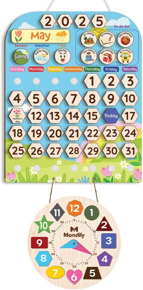 Skiennix Interactive Wooden Calendar for Kids Ages 3+ | Teach Seasons & Days | 12 x 15 Inches