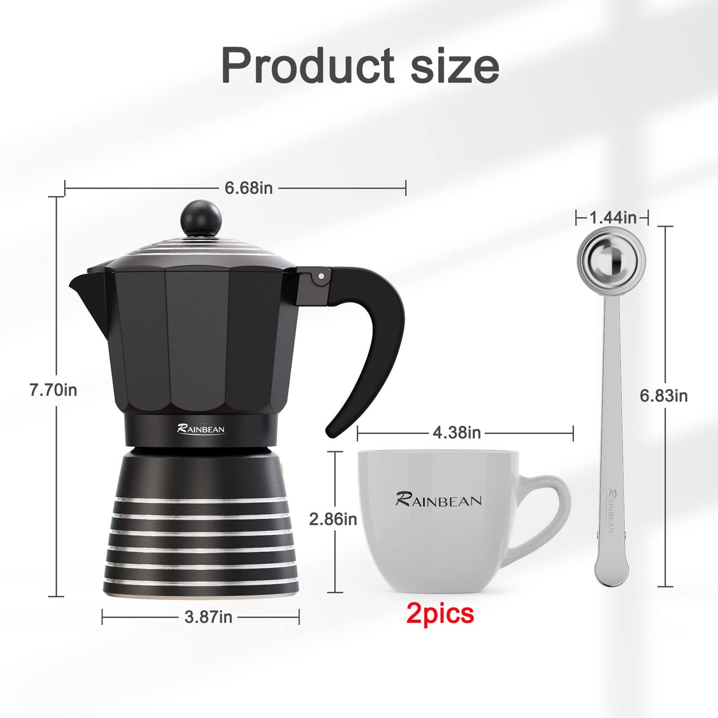 RAINBEAN Moka Pot 6 Cup Set Espresso Maker, Steam Italian Stovetop Coffee Makers Percolator, Aluminum Ripple Ring Design, Easy To Use & Clean, 2 Ceramic Cups | Stainless Spoon | Black