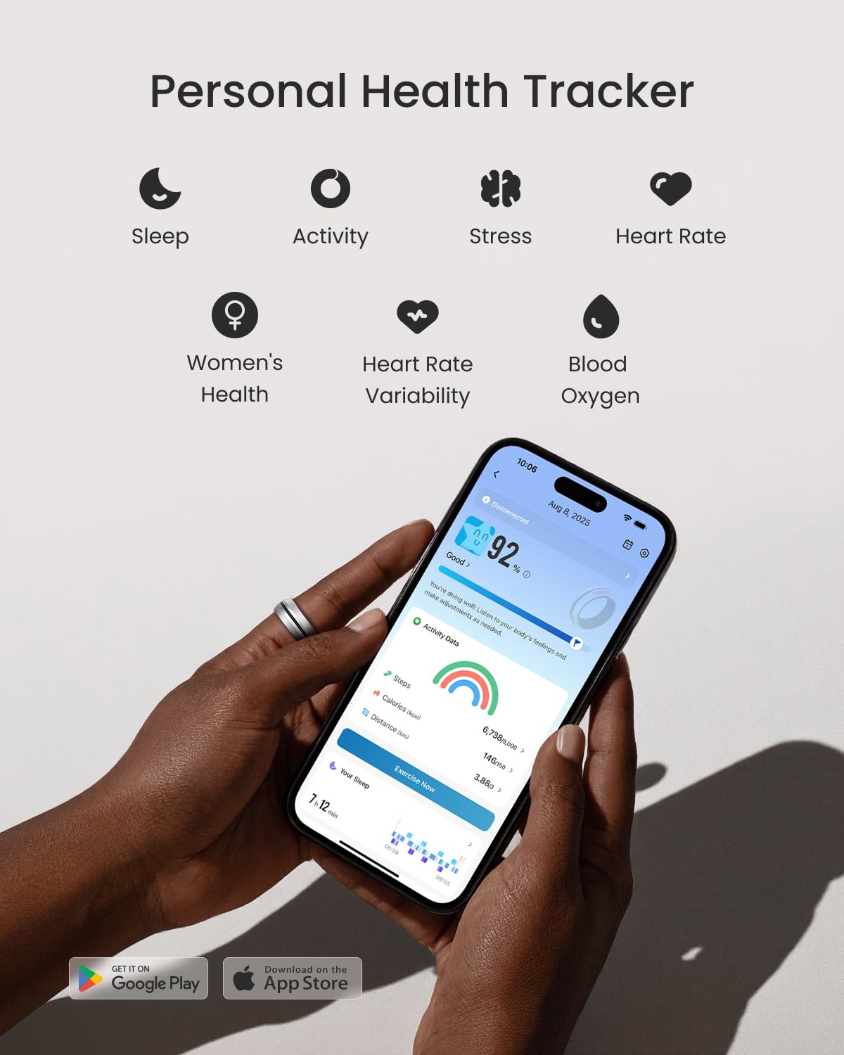 RENPHO Lynx Smart Ring-All Day Sleep & Activity Tracking, Includes Charging Case, Gifts for Men, 7-Day Battery Life, Subscription-Free App for iOS & Android, Size Before You Buy (Silver, Size 8)