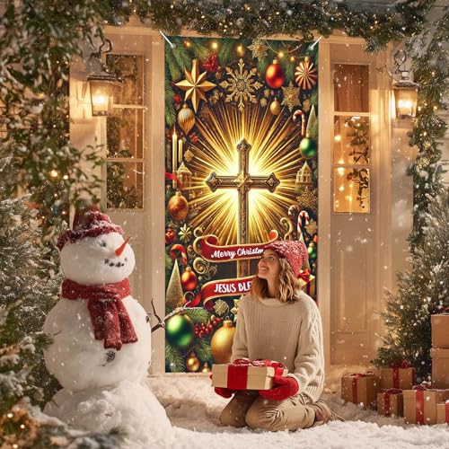 IVN Christmas Golden Cross Door Cover Decoration Banner 71x35 Inch - Holiday Welcome