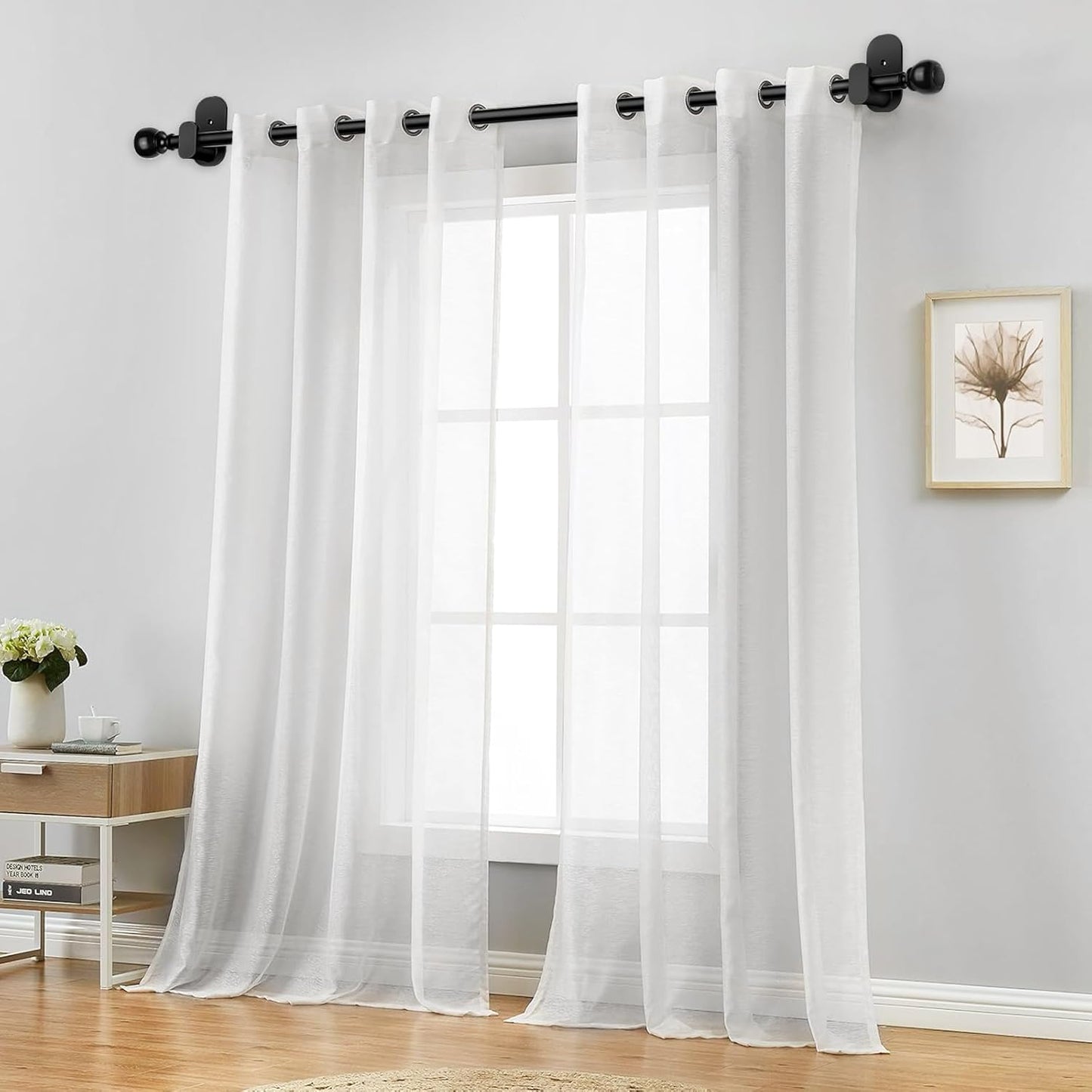 USFOOK No Drill Curtain Rods - 48 to 84 Inches | 5/8 Inch Adhesive Drapery Rods with Round Finials