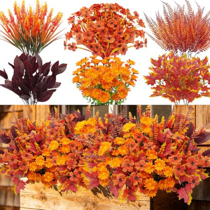 Artificial Fall Flowers Bundle 6 Styles Outdoor UV Resistant Decor - 18 Stems
