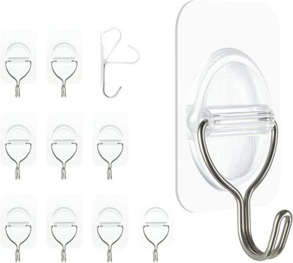 Adhesive Wall Hooks - No Damage, Heavy Duty 5KG Transparent Stainless Steel | 10 Pack (3.5x5.3cm) for Kitchen, Bathroom, Office