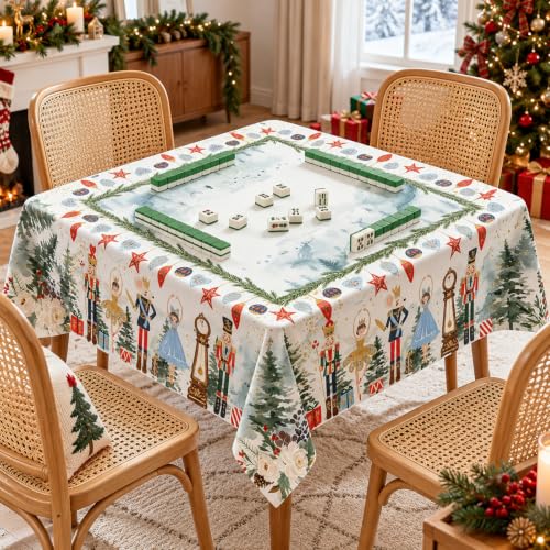 55 Inch Christmas Mahjong Tablecloth with Watercolor Nutcracker Design