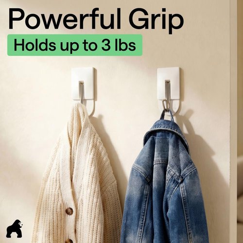 GORILLA GRIP Heavy Duty Adhesive Hooks - Damage-Free Wall Hangers for Kitchen & Bathroom | 5 Pack with 2 Extra Strips