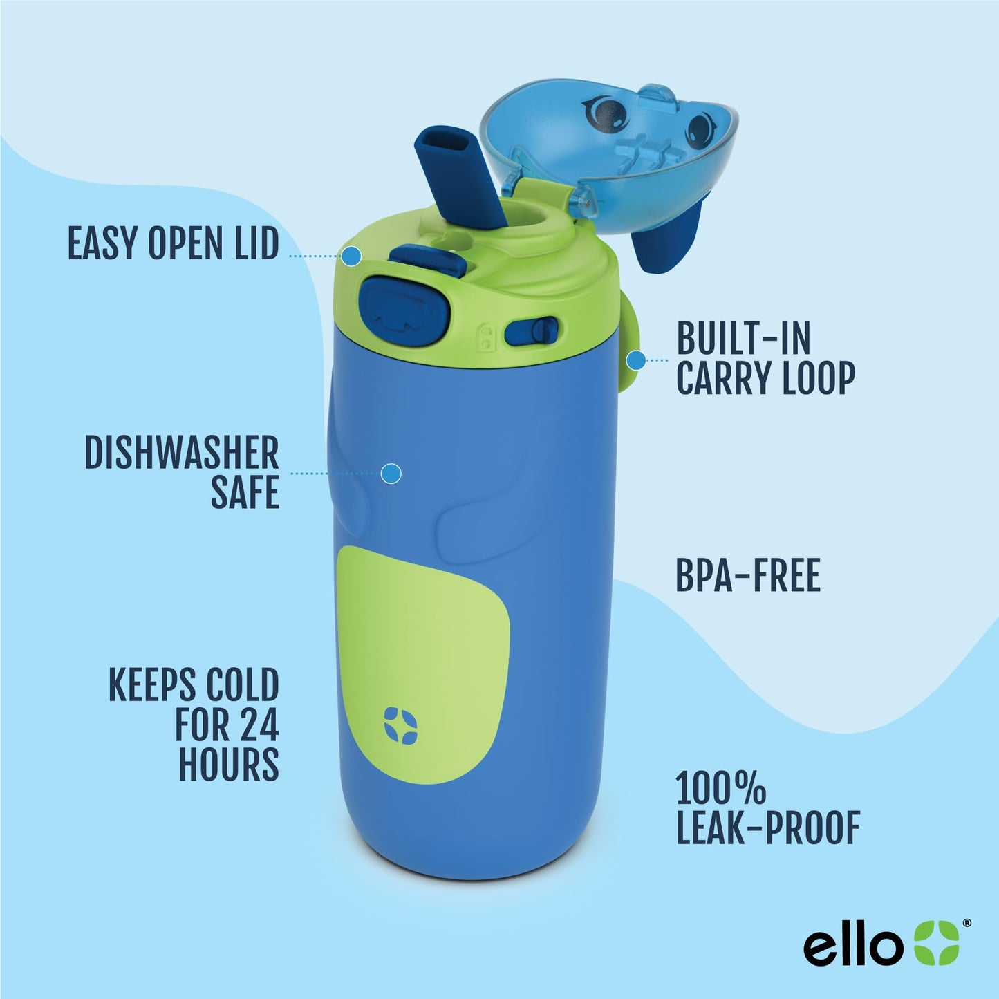 Ello Ellies 12oz Vacuum Insulated Stainless Steel Kids Water Bottle with Straw and Built-in Carrying Handle and Leak-Proof Locking Lid for School Backpack, Lunchbox and Outdoor Sports, Dog