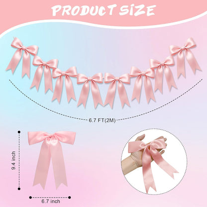 Skiennix Pink Bow Garlands - 16PCS Pre-Strung Satin Ribbon Ornaments for Parties & Celebrations