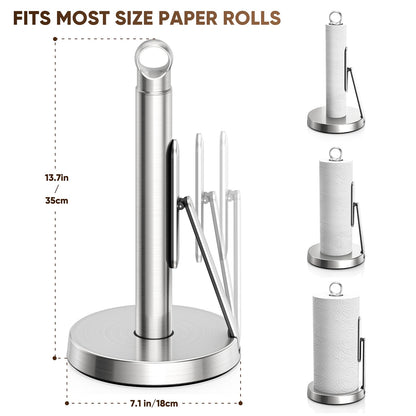 theaoo Heavy-Duty Stainless Steel Paper Towel Holder with Tension Arm – Easy One-Handed Tear, Modern Standing Countertop Dispenser for Kitchen, Holds All Paper Towel Rolls (1, Silver)