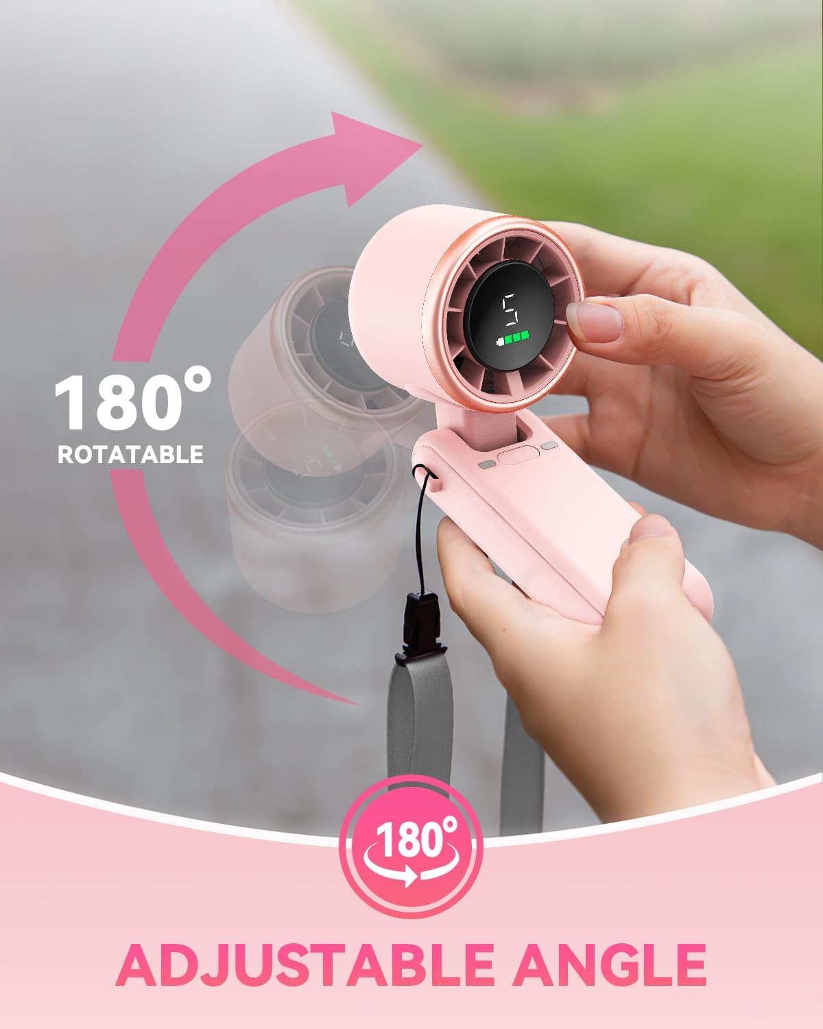 PlayHot Portable Handheld Turbo Fan - 5-Speed Rechargeable 5000mAh Battery | Lightweight 0.6lb 3-in-1 Fan (Pink)