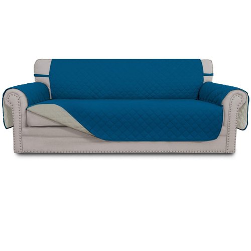 Easy-Going 4 Seater Sofa Slipcover Reversible Sofa Cover Water Resistant Couch Cover with Foam Sticks Elastic Straps Furniture Protector for Pets Children Dog Cat (XX-Large, PeacockBlue/Beige)