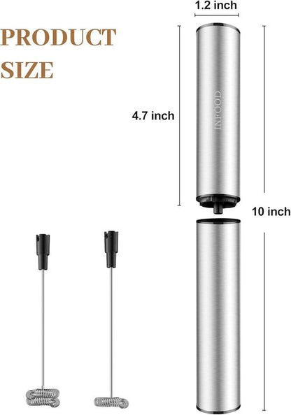 INFOOD Rechargeable Milk Frother - Handheld Coffee Mixer with 2 Detachable Stainless Whisks, Silver