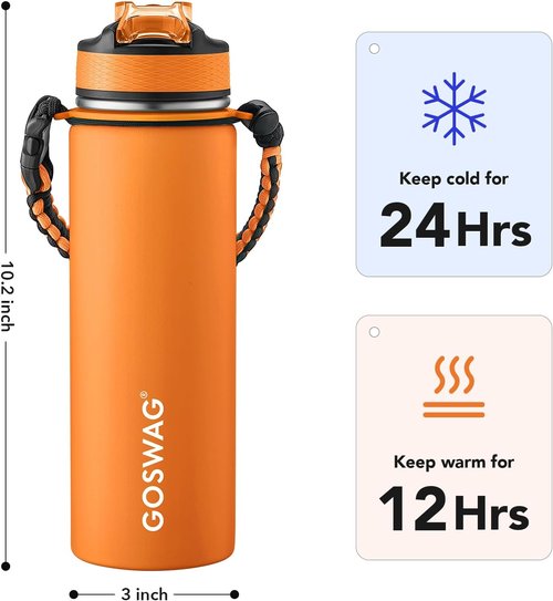 GOSWAG Insulated Sports Water Bottle - 24oz Stainless Steel with 2 Lids & Paracord Handle
