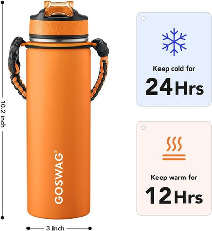 GOSWAG Insulated Sports Water Bottle - 24oz Stainless Steel with 2 Lids & Paracord Handle
