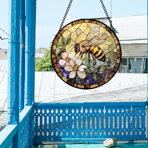 7.8 Inch Stained Glass Window Hanging Bee Suncatcher with Artistic Design - Yellow