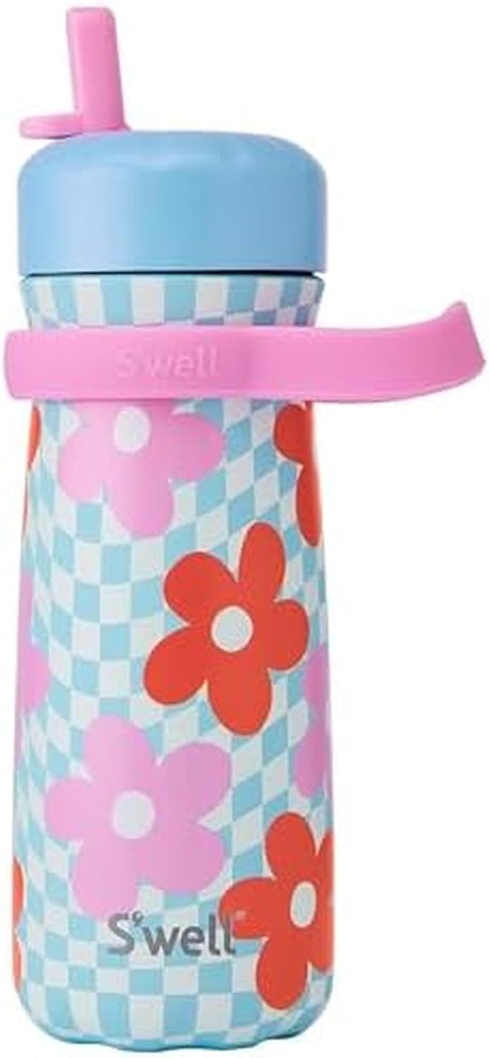 S'well Kids Traveler - 16oz Stainless Steel Bottle with Flip Straw Lid | Pink Petal, Insulated & BPA Free