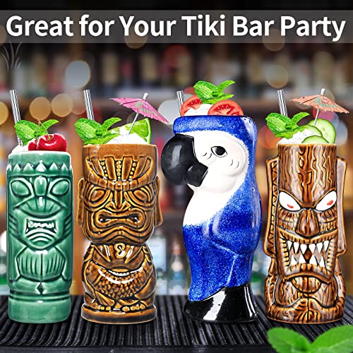 12PCS Tiki Mugs Cocktail Set - Ceramic Hawaiian Party Cups for Exotic Drinks
