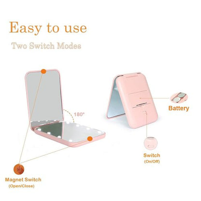 Kintion LED Compact Travel Makeup Mirror - 1X/3X Magnification, Portable & Folding, Pink