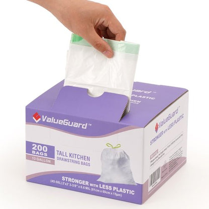 ValueGuard Trash Bags Garbage Bag 13 Gallon Drawstring Tall Waste Bag for Kitchen Office Party 0.6 Mil (200 Count)