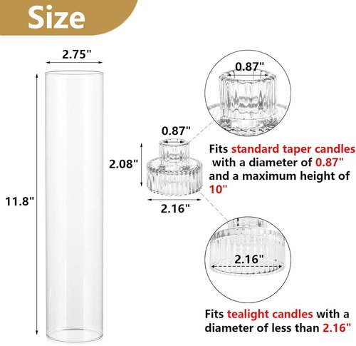 Hurricane | Taper Candle Holders - Set of 6 Clear Glass Candlesticks, 11.8" Tall for Weddings & Events