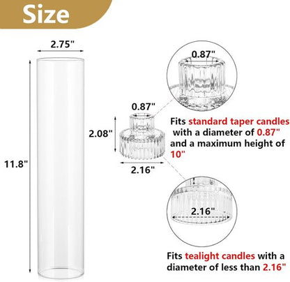Hurricane | Taper Candle Holders - Set of 6 Clear Glass Candlesticks, 11.8" Tall for Weddings & Events
