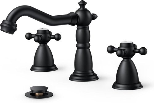 FORIOUS Matte Black Bathroom Faucet - Vintage 3 Hole Design with Cross Handles & Metal Drain | 8 Inch Widespread