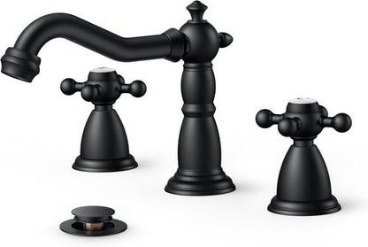 FORIOUS Matte Black Bathroom Faucet - Vintage 3 Hole Design with Cross Handles & Metal Drain | 8 Inch Widespread