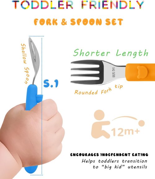 Bakpoco 6PCS Toddler Utensils Set - 316 Stainless Steel Baby Forks & Spoons with Silicone Handles - BPA Free, Dishwasher Safe, Bright Colors