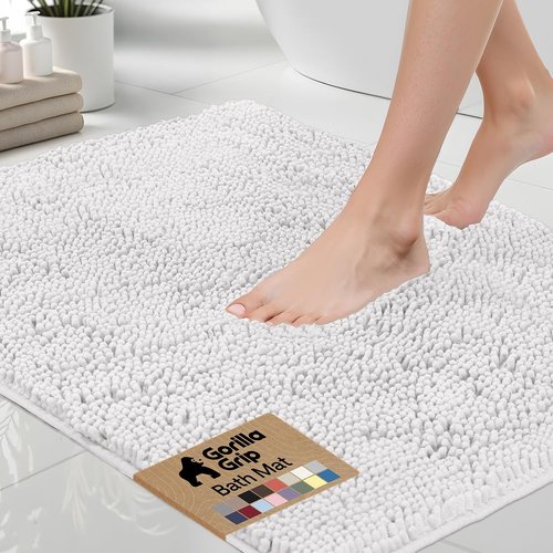 GORILLA GRIP Bath Rug Mat 30x20, Thick Soft Absorbent Chenille, Quick Dry Microfiber Mats, Rubber Backing Washable Shower Floor Rugs, US Designed Bathroom Bathmat Home Decor Accessories, White