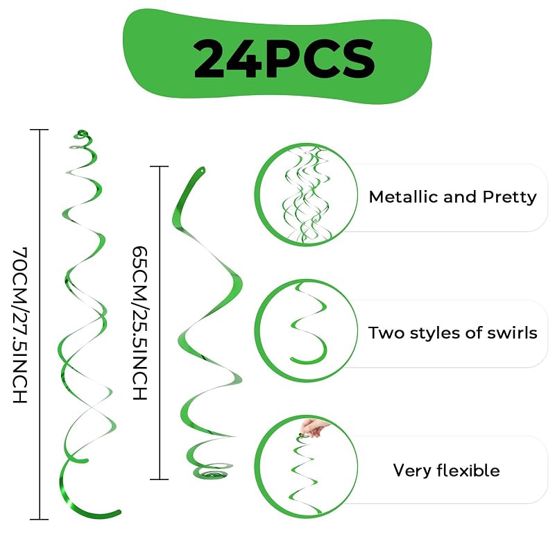 Green 24-Pack Ceiling Swirl Decorations with 12 Single & 12 Double Tails - Hanging Party Streamers for Birthday, St Patrick's, Easter (Variation: Green+24 Pack)