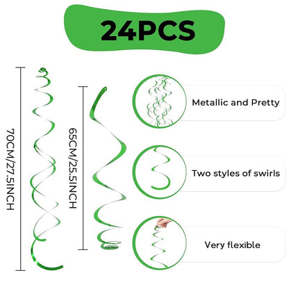 Green 24-Pack Ceiling Swirl Decorations with 12 Single & 12 Double Tails - Hanging Party Streamers for Birthday, St Patrick's, Easter (Variation: Green+24 Pack)