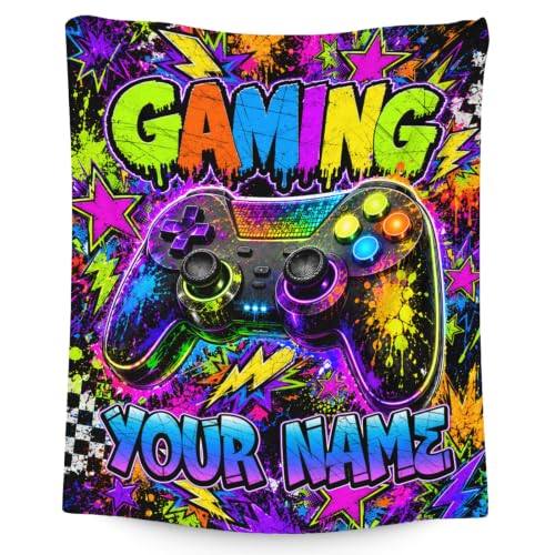 Personalized Gaming Blanket for Boys - Custom Name Gift for Kids Teens - Black