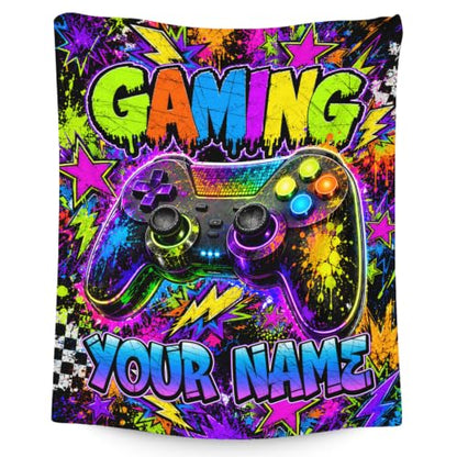 Personalized Gaming Blanket for Boys - Custom Name Gift for Kids Teens - Black
