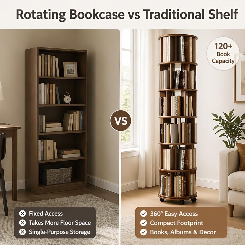 Dark Walnut 6-Tier Solid Wood Rotating Bookshelf Tower - 360° Revolving Book Shelf