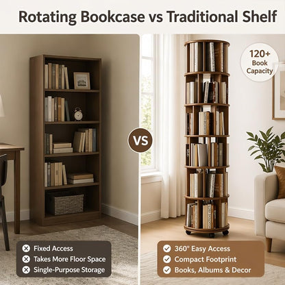 Dark Walnut 6-Tier Solid Wood Rotating Bookshelf Tower - 360° Revolving Book Shelf