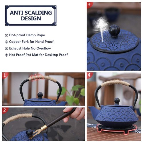 COOGOU Japanese Style Cast Iron Teapot Set with 4 Tea Cups Iron Tea Kettle with Infuser Hemp Rope Trivet Asian Gift for Adults Parents (Fish Scale Pattern, Blue,Anti Rust)