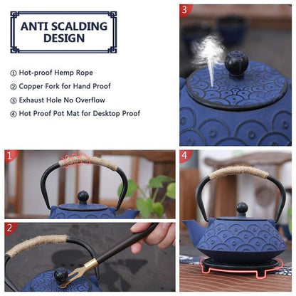 COOGOU Japanese Style Cast Iron Teapot Set with 4 Tea Cups Iron Tea Kettle with Infuser Hemp Rope Trivet Asian Gift for Adults Parents (Fish Scale Pattern, Blue,Anti Rust)