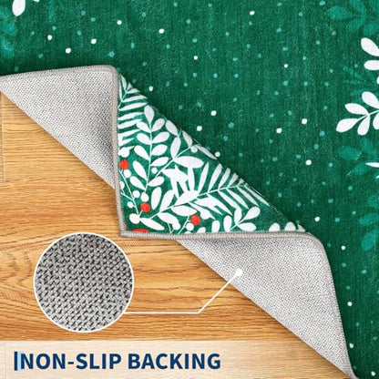Christmas Snowflake Area Rug Runner 2x8 ft Green Non-Slip Washable Vintage Style