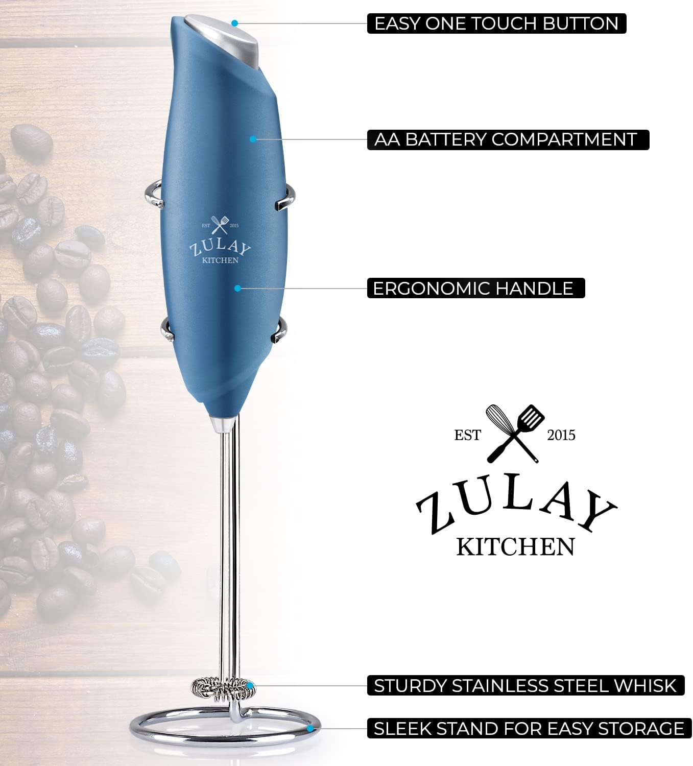 Zulay Kitchen Powerful Rechargeable Milk Frother Handheld Lux Foam Maker for Lattes, Metallic Blue, Rechargeable
