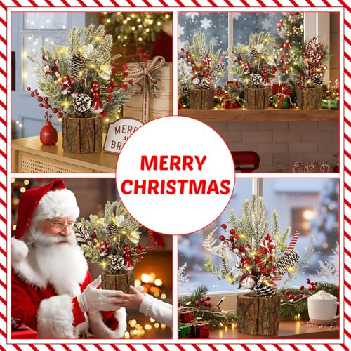Mini Christmas Tree Set with Lights and Red Berry Accents - Cute Colorful 3-Pack
