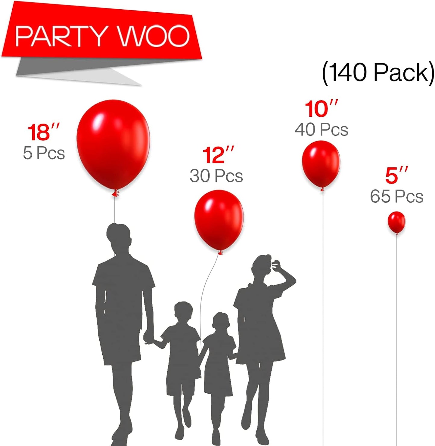 PartyWoo White & Red Balloons - 280 Pcs in 18/12/10/5 Inch Sizes | Perfect for Classic Arch Decor