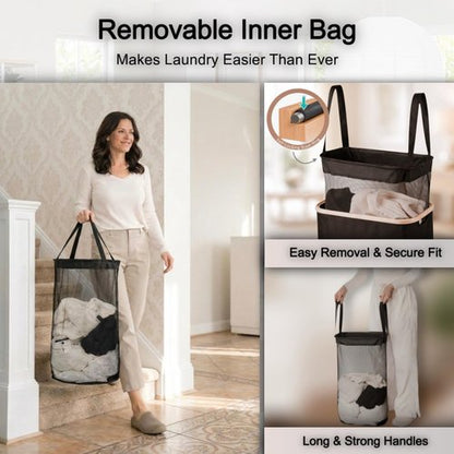 ErraLife Slim Laundry Hamper with Lid, 60L Capacity, Bamboo Handles, and Steel Ring Removable Inner Bag - Collapsible Clothes Basket Laundry Organizer for Bedroom, Bathroom, Dorm, Black