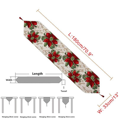 Christmas Table Runner 72x13 Inch with Tassels - Red Flower Classic Linen