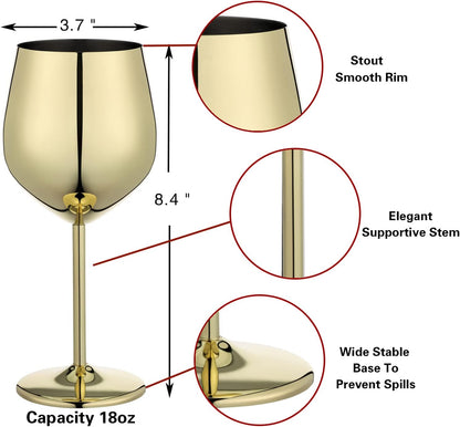 WOTOR Stainless Steel Wine Glasses (2-Pack), 18 oz, Unbreakable, Gold, Ideal for Outdoor, Travel, Camping, Pool, Gift for Wine Lovers