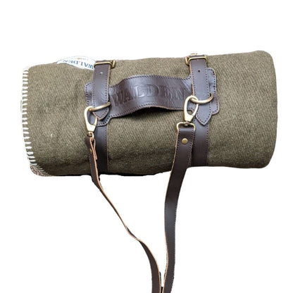 Walden Backyards Fireside Wool Blanket with Leather Carrying Strap (Olive Green with Brown Leather Carrier)