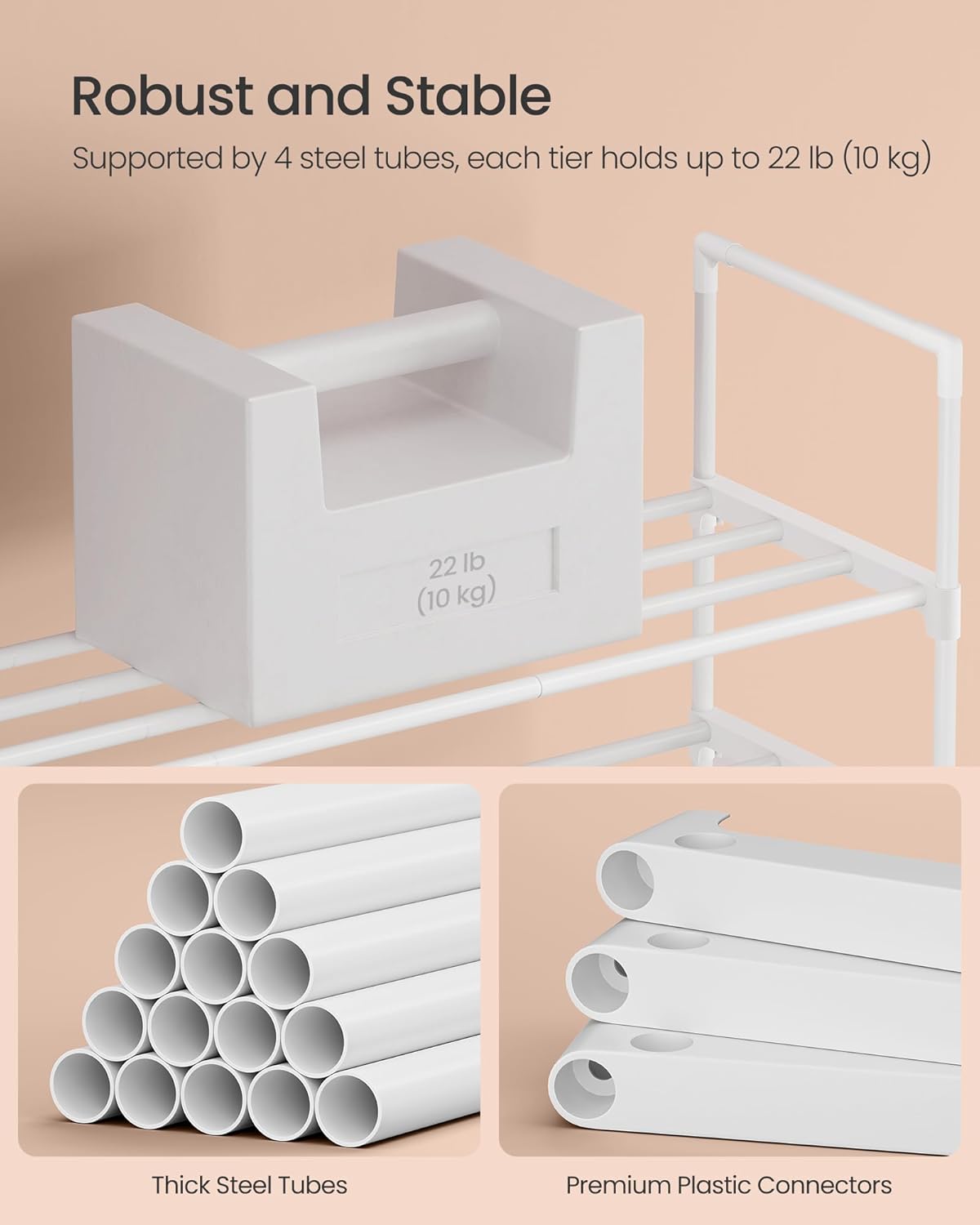 SONGMICS 3-Tier Shoe Rack - Stackable Metal Organizer for 16-20 Pairs | Pearl White, 11.8 x 36.2 x 21.7 Inches