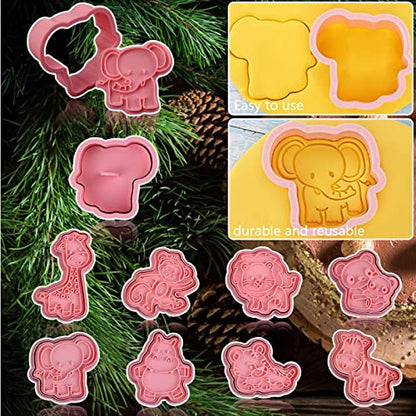 Animal Cookie Cutters with Plunger Stamps - 8 Pcs 3D Animal Shapes, Reusable Kids Baking Tool