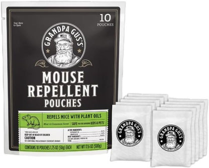 Grandpa Gus’s Extra-Strength Mouse Repellent Pouches - Natural Peppermint & Cinnamon Oil | 1.75 Oz (Pack of 10)